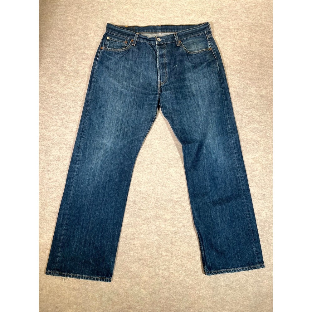 Levis 501 Original Fit Jeans Men 36x30 Blue Whiskered Denim Cotton Logo Mid Rise